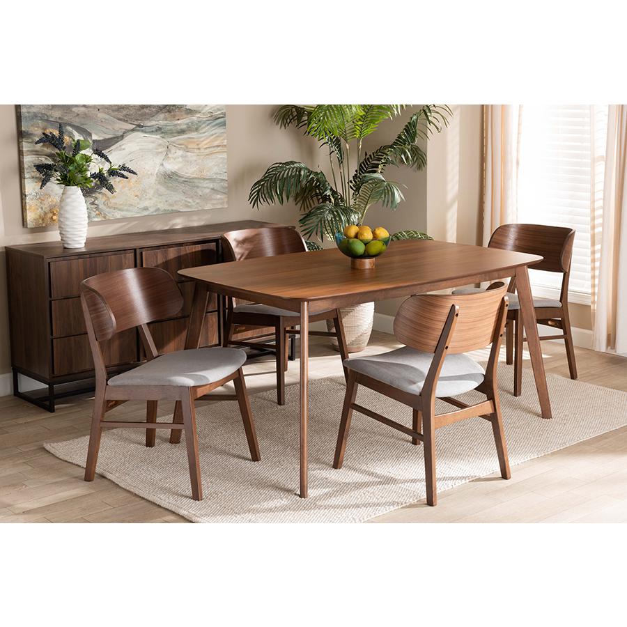 Baxton Studio Alston Mid-Century Modern Grey Fabric Upholstered and Walnut Brown Finished Wood 5-Piece Dining Set | Dining Sets | Modishstore