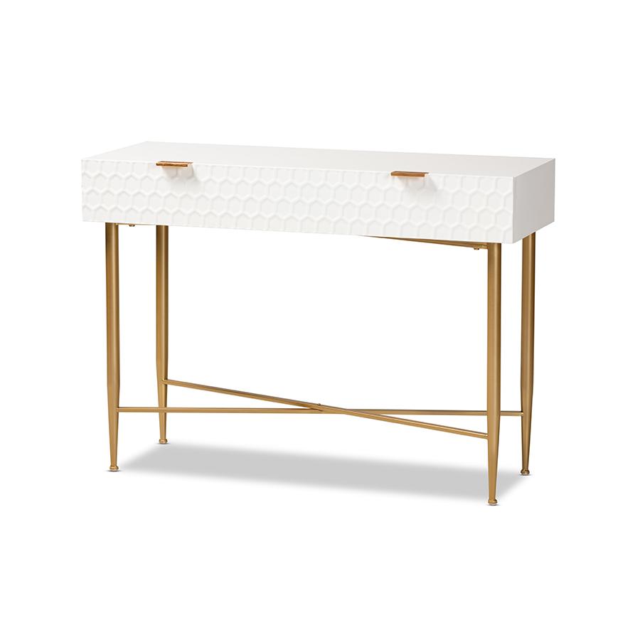 Baxton Studio Galia Modern and Contemporary White Finished Wood and Gold Metal 1-Drawer Console Table | Console Tables | Modishstore - 2