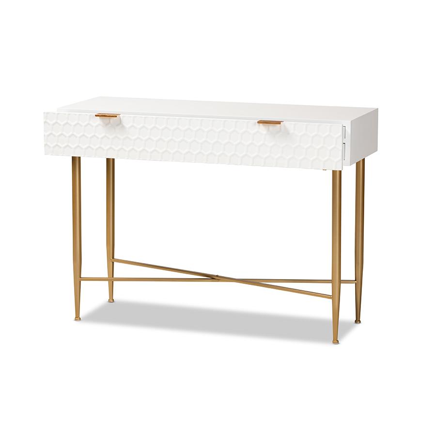 Baxton Studio Galia Modern and Contemporary White Finished Wood and Gold Metal 1-Drawer Console Table | Console Tables | Modishstore - 3