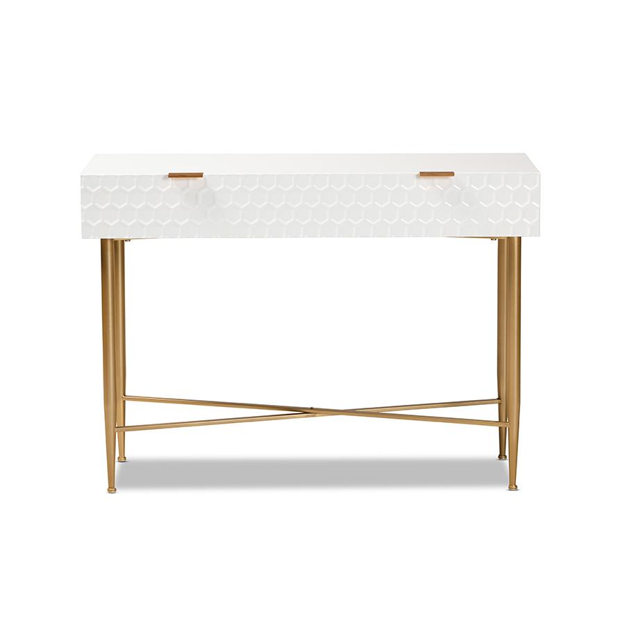 Baxton Studio Galia Modern and Contemporary White Finished Wood and Gold Metal 1-Drawer Console Table | Console Tables | Modishstore - 4