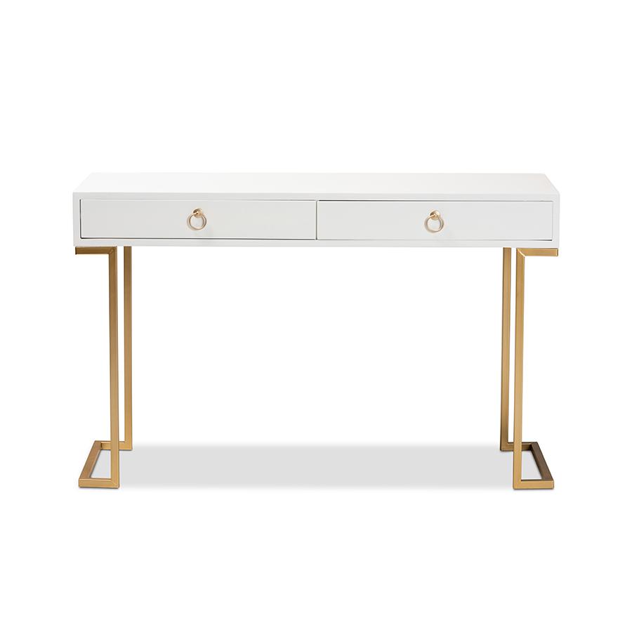 Baxton Studio Beagan Modern and Contemporary White Finished Wood and Gold Metal 2-Drawer Console Table | Console Tables | Modishstore - 4