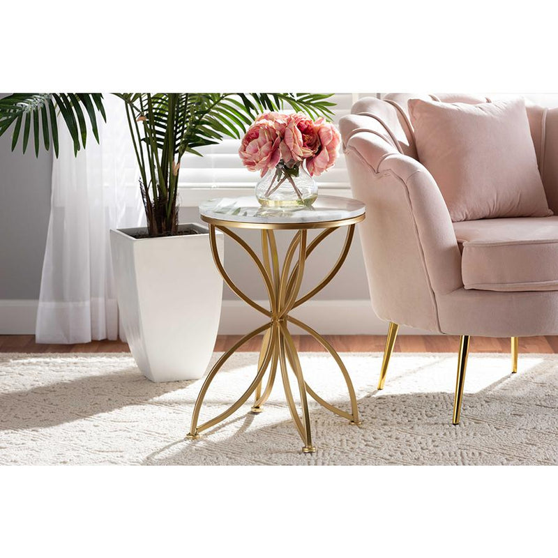 Baxton Studio Jaclyn Modern and Contemporary Gold Finished Metal End Table with Marble Tabletop | End Tables | Modishstore