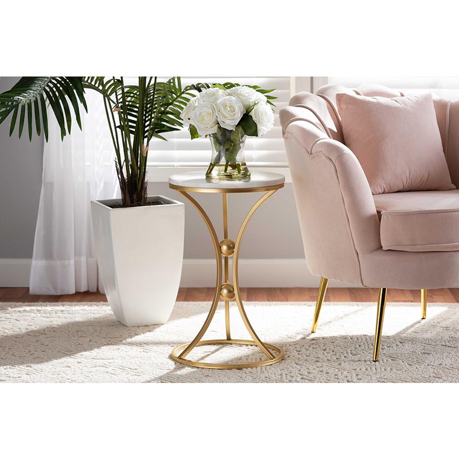 Baxton Studio Tarmon Modern and Contemporary Gold Finished Metal End Table with Marble Tabletop | End Tables | Modishstore