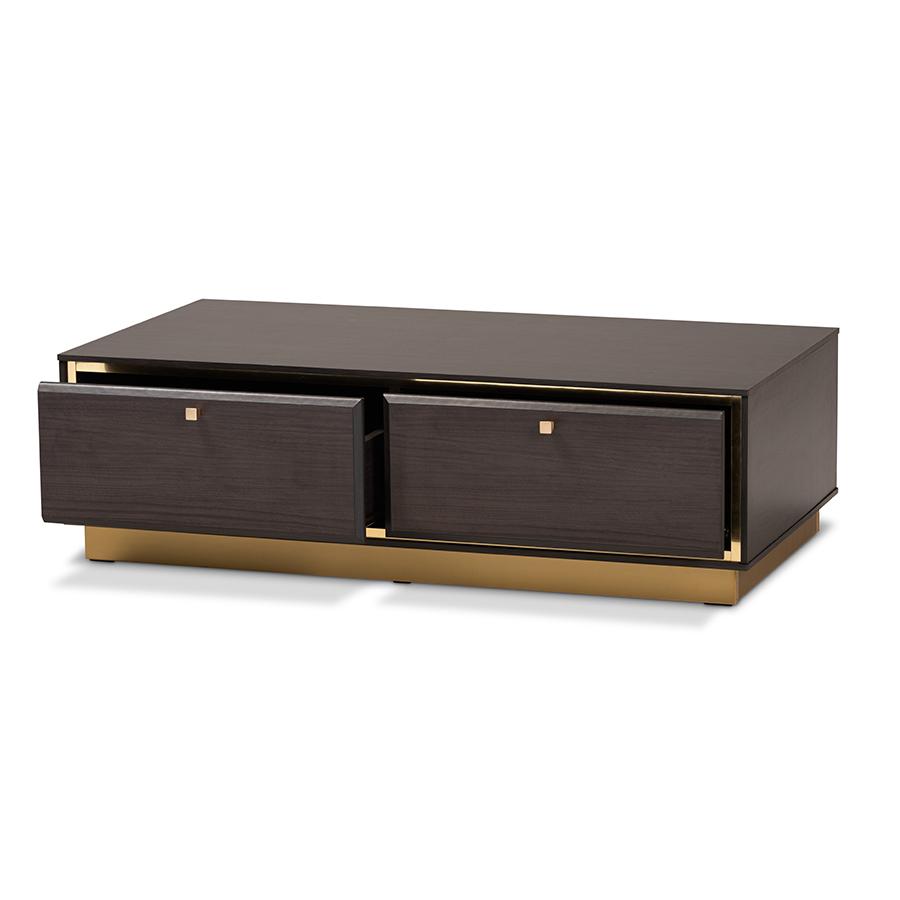 Baxton Studio Cormac Mid-Century Modern Transitional Dark Brown Finished Wood and Gold Metal 2-Drawer Coffee Table | Coffee Tables | Modishstore - 2