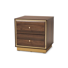 Baxton Studio Cormac Mid-Century Modern Transitional Walnut Brown Finished Wood and Gold Metal 2-Drawer Nightstand