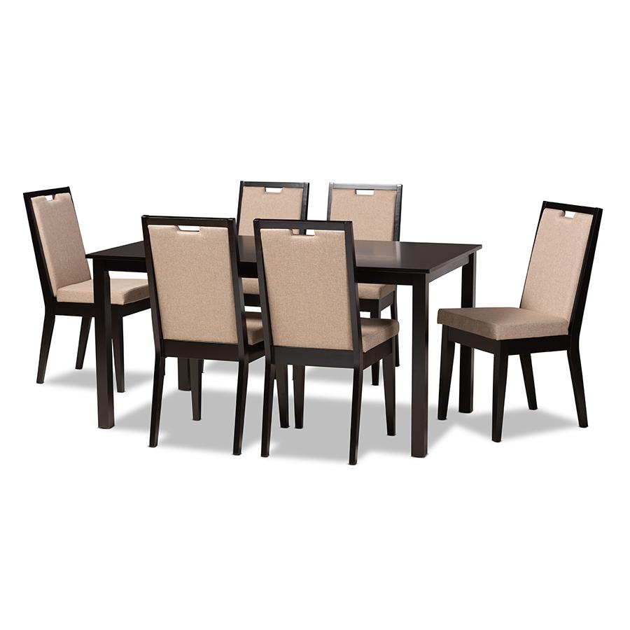 Baxton Studio Rosa Modern and Contemporary Sand Fabric Upholstered and Dark Brown Finished Wood 7-Piece Dining Set | Dining Sets | Modishstore - 2