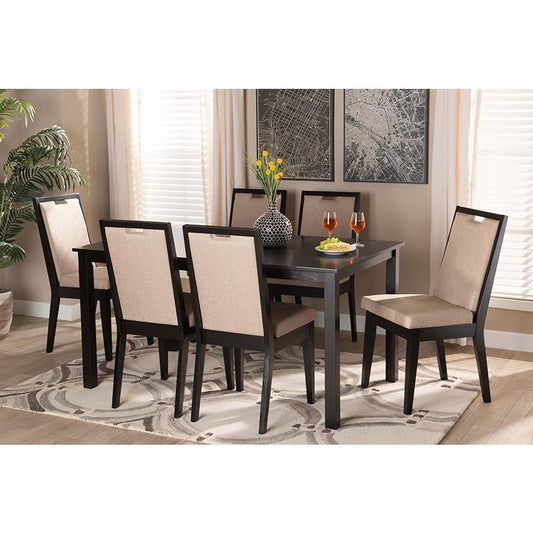 Baxton Studio Rosa Modern and Contemporary Sand Fabric Upholstered and Dark Brown Finished Wood 7-Piece Dining Set | Dining Sets | Modishstore