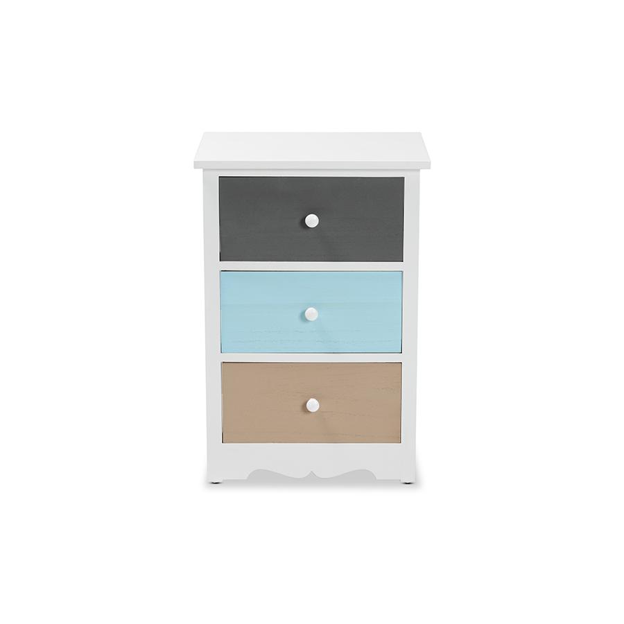 Baxton Studio Kalila Modern and Contemporary White and Multi-Colored Finished Wood 3-Drawer Nightstand | Nightstands | Modishstore - 3