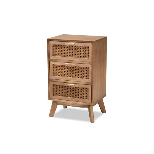 Baxton Studio Baden Mid-Century Modern Walnut Brown Finished Wood 3-Drawer Nightstand with Rattan | Nightstands | Modishstore