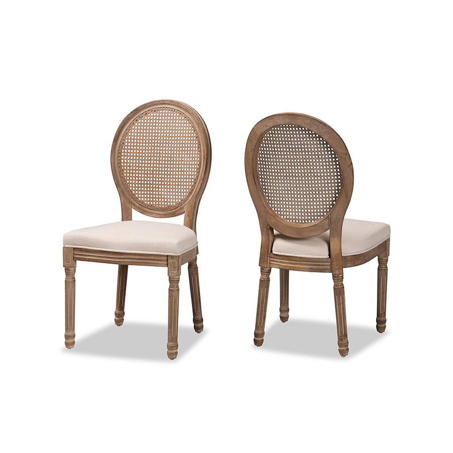 Baxton Studio Louis Traditional French Inspired Beige Fabric Upholstered and Antique Brown Finished Wood 2-Piece Dining Chair Set with Rattan | Dining Chairs | Modishstore - 3