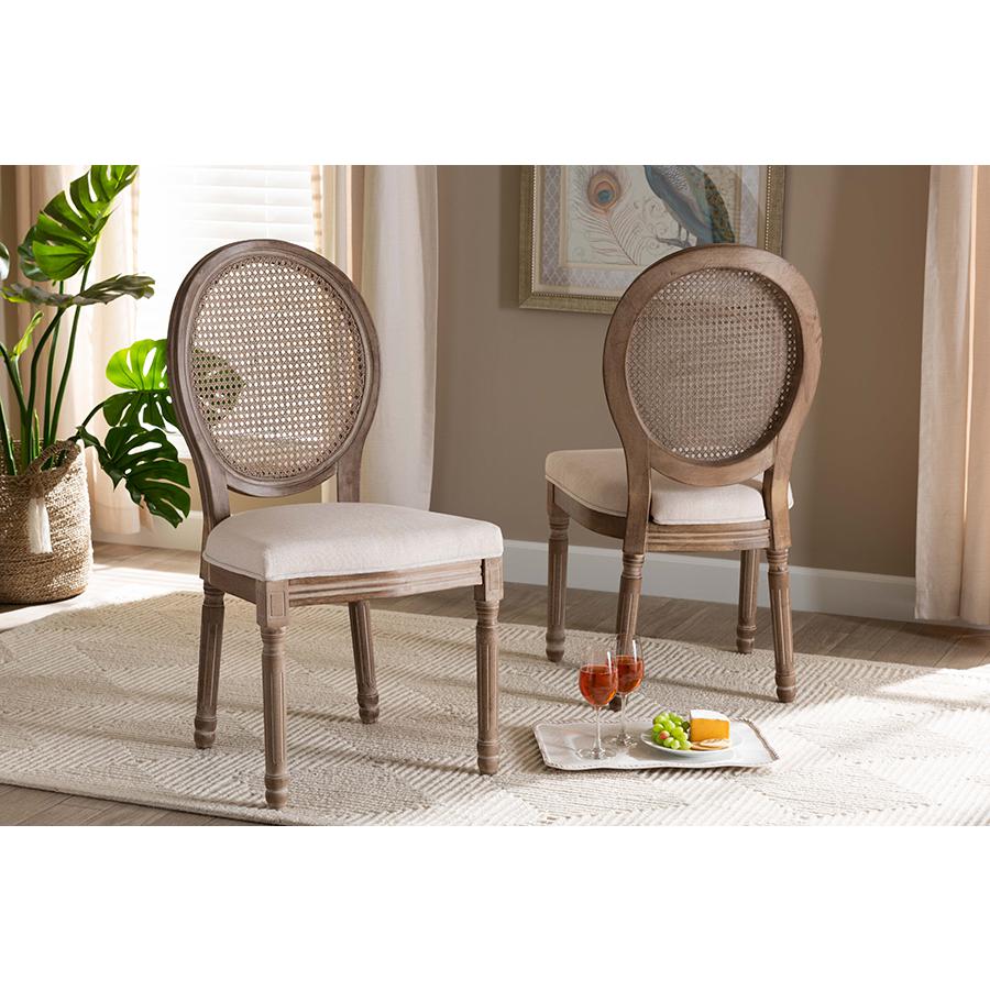 Baxton Studio Louis Traditional French Inspired Beige Fabric Upholstered and Antique Brown Finished Wood 2-Piece Dining Chair Set with Rattan | Dining Chairs | Modishstore - 2