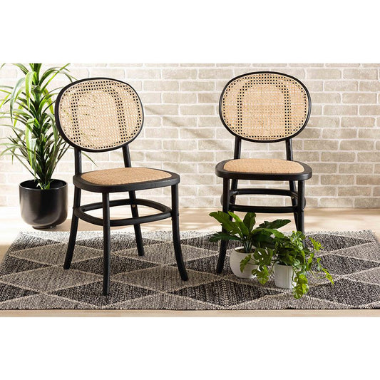 Baxton Studio Garold Mid-Century Modern Brown Woven Rattan and Black Wood 2-Piece Cane Dining Chair Set | Dining Chairs | Modishstore