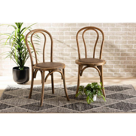 Baxton Studio Dacian Mid-Century Modern Brown Woven Rattan and Walnut Brown Wood 2-Piece Dining Chair Set | Dining Chairs | Modishstore