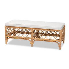 Baxton Studio Orchard Modern Bohemian White Fabric Upholstered and Natural Brown Rattan Bench