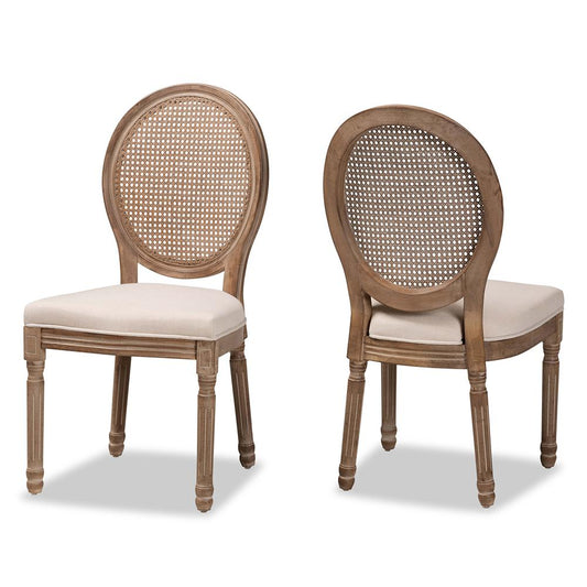 Baxton Studio Louis Traditional French Inspired Beige Fabric Upholstered and Antique Brown Finished Wood 2-Piece Dining Chair Set with Rattan | Dining Chairs | Modishstore