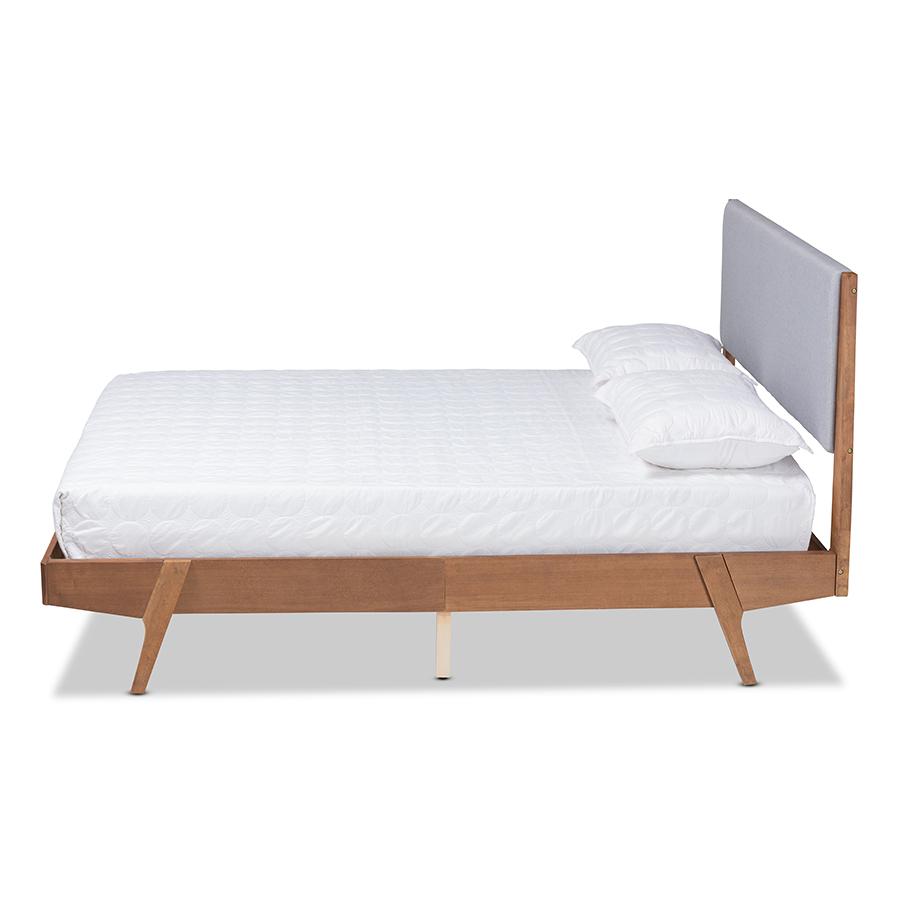 Baxton Studio Senna Mid-Century Modern Grey Fabric Upholstered and Walnut Brown Finished Wood King Size Platform Bed | Beds | Modishstore - 3