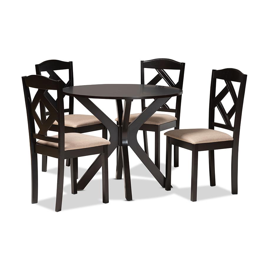 Baxton Studio Carlin Sand Fabric Upholstered and Dark Brown Finished Wood 5-Piece Dining Set | Dining Sets | Modishstore