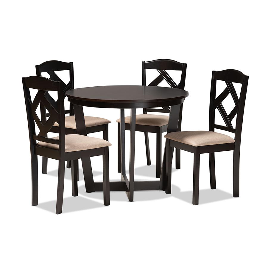 Baxton Studio Morigan Sand Fabric Upholstered and Dark Brown Finished Wood 5-Piece Dining Set | Dining Sets | Modishstore