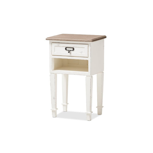 Baxton Studio Dauphine Provincial Style Weathered Oak and White Wash Distressed Finish Wood Nightstand | Nightstands | Modishstore