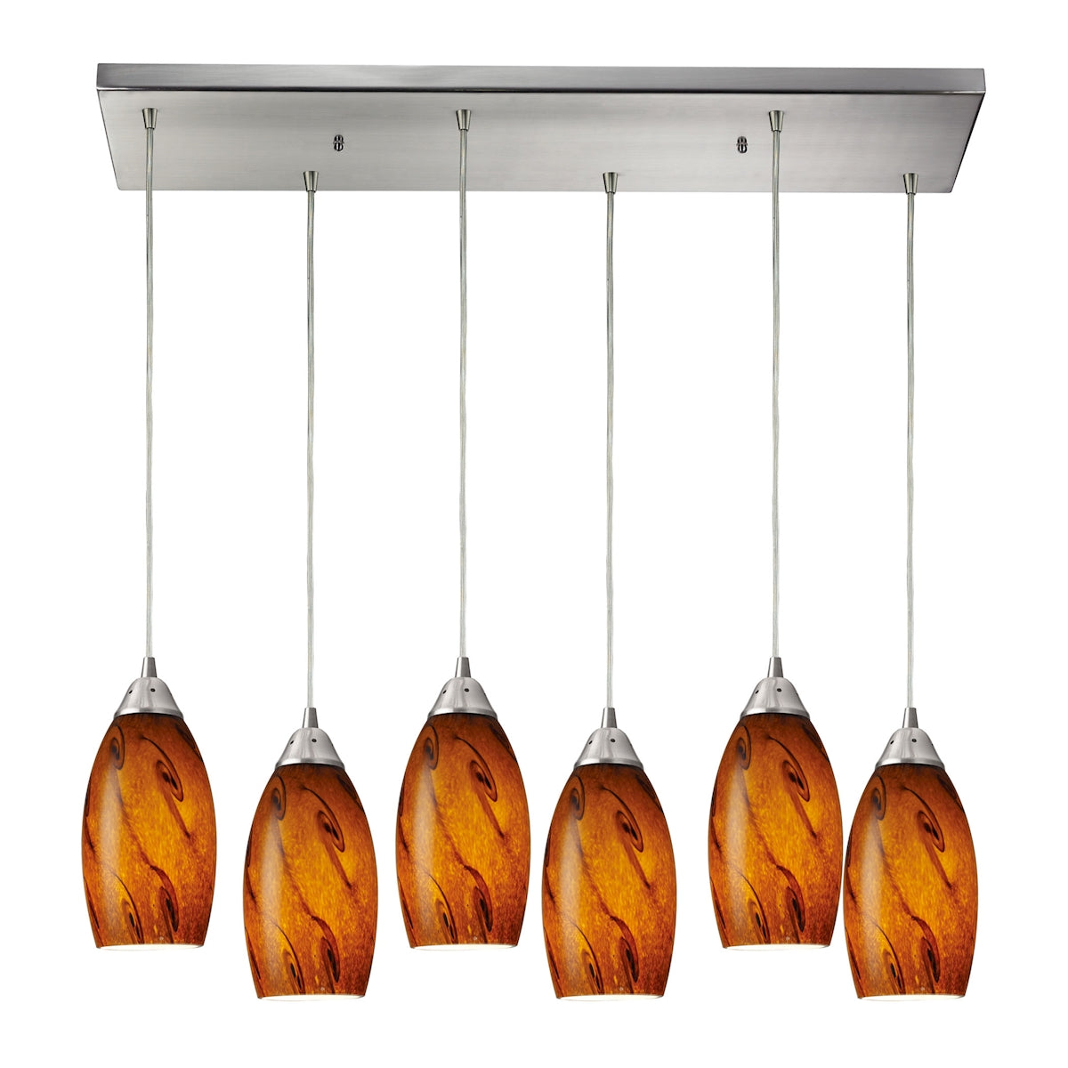 Galaxy 6-Light Rectangular Pendant Fixture in Satin Nickel with Brown Glass ELK Lighting | Pendant Lamps | Modishstore