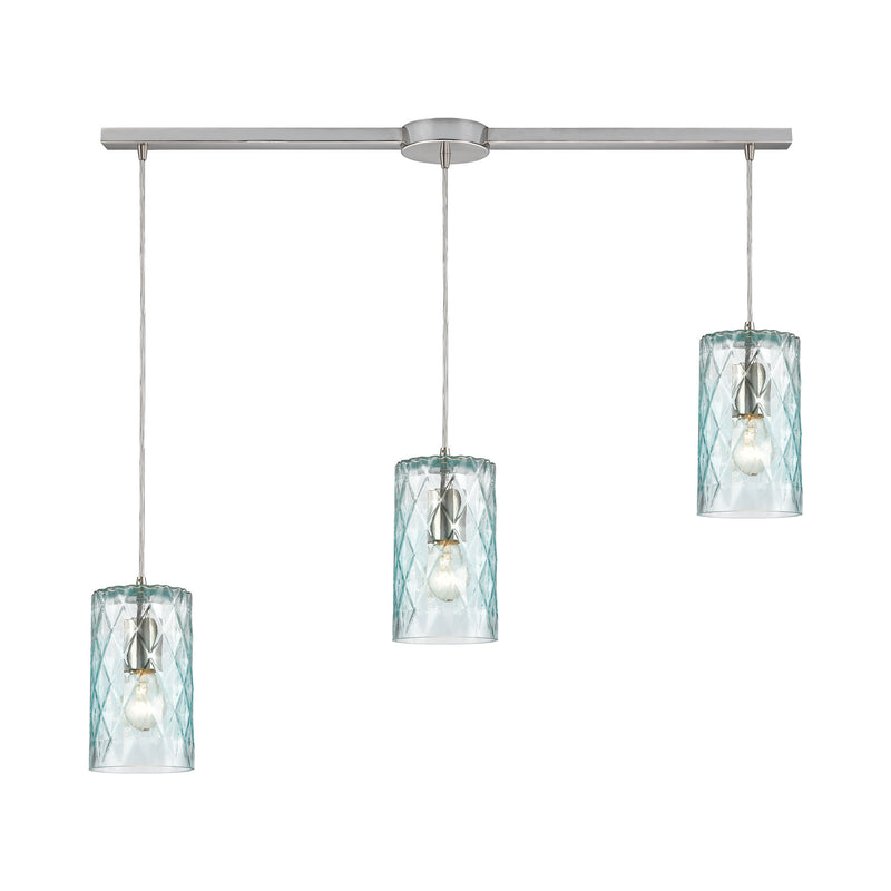 Diamond Pleat 3-Light Linear Mini Pendant Fixture in Satin Nickel with Light Aqua Glass ELK Lighting | Pendant Lamps | Modishstore