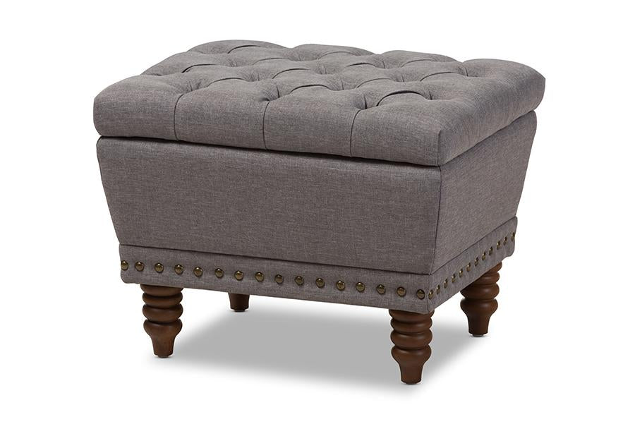 baxton studio annabelle modern and contemporary light grey fabric upholstered walnut wood finished button tufted storage ottoman | Modish Furniture Store-2