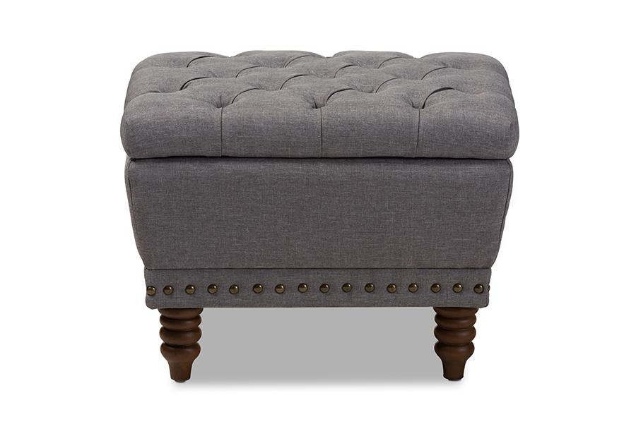 baxton studio annabelle modern and contemporary light grey fabric upholstered walnut wood finished button tufted storage ottoman | Modish Furniture Store-3