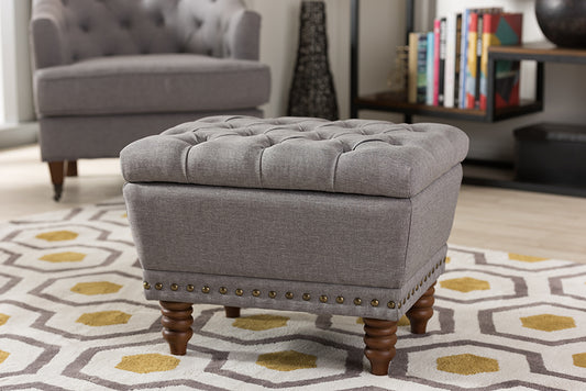 Baxton Studio Annabelle Modern and Contemporary Light Grey Fabric Upholstered Walnut Wood Finished Button-Tufted Storage Ottoman | Modishstore | Ottomans