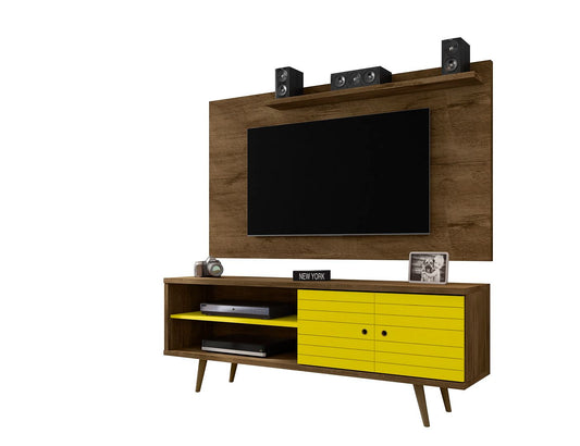 Manhattan Comfort Liberty 62.99 Mid-Century Modern TV Stand and Panel with Solid Wood Legs in Rustic Brown and Yellow | TV Stands | Modishstore