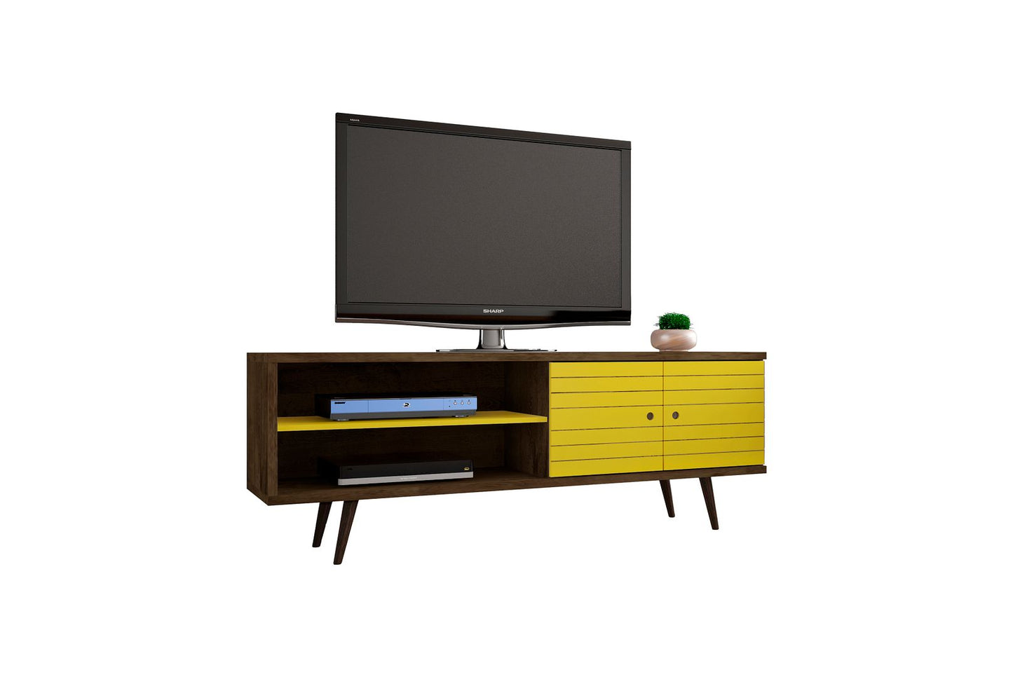 Manhattan Comfort Liberty 62.99 Mid-Century Modern TV Stand and Panel with Solid Wood Legs in Rustic Brown and Yellow | TV Stands | Modishstore-3