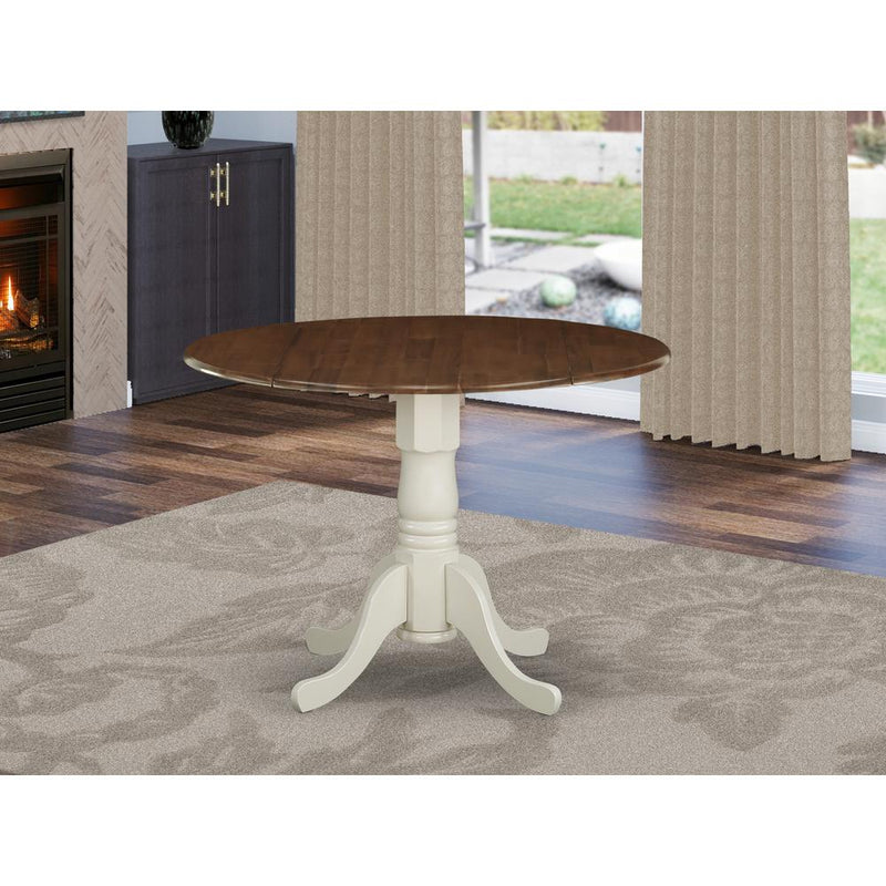 East West Furniture Round Kitchen Table with Drop Leaves - Linen White Table Top and Black Pedestal Leg Finish