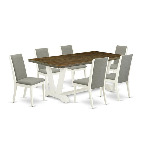 7-Piece Fashionable Dining Room Set A Good Distressed Jacobean Wood Dining Table Top And 6 Amazing Linen Fabric Parson Chairs And Dining Tables By East West Furniture | Dining Sets | Modishstore