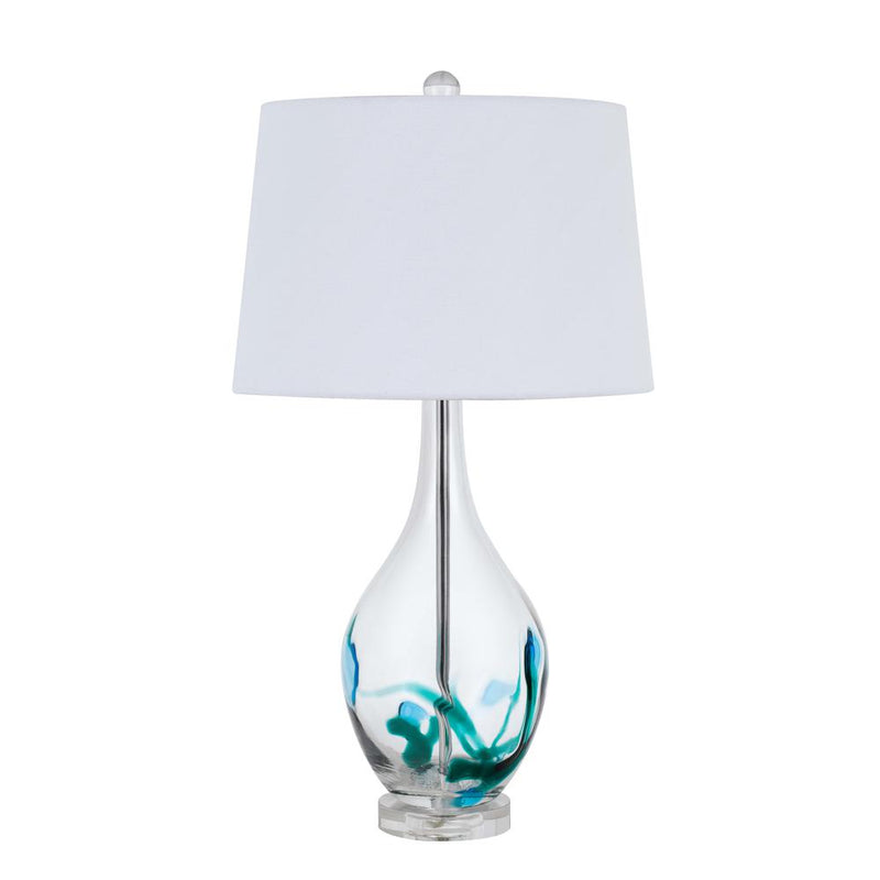 150W 3 Way Harlan Glass Table Lamp With Hardback Taper Drum Fabric Shade By Cal Lighting | Table Lamps | Moidshstore
