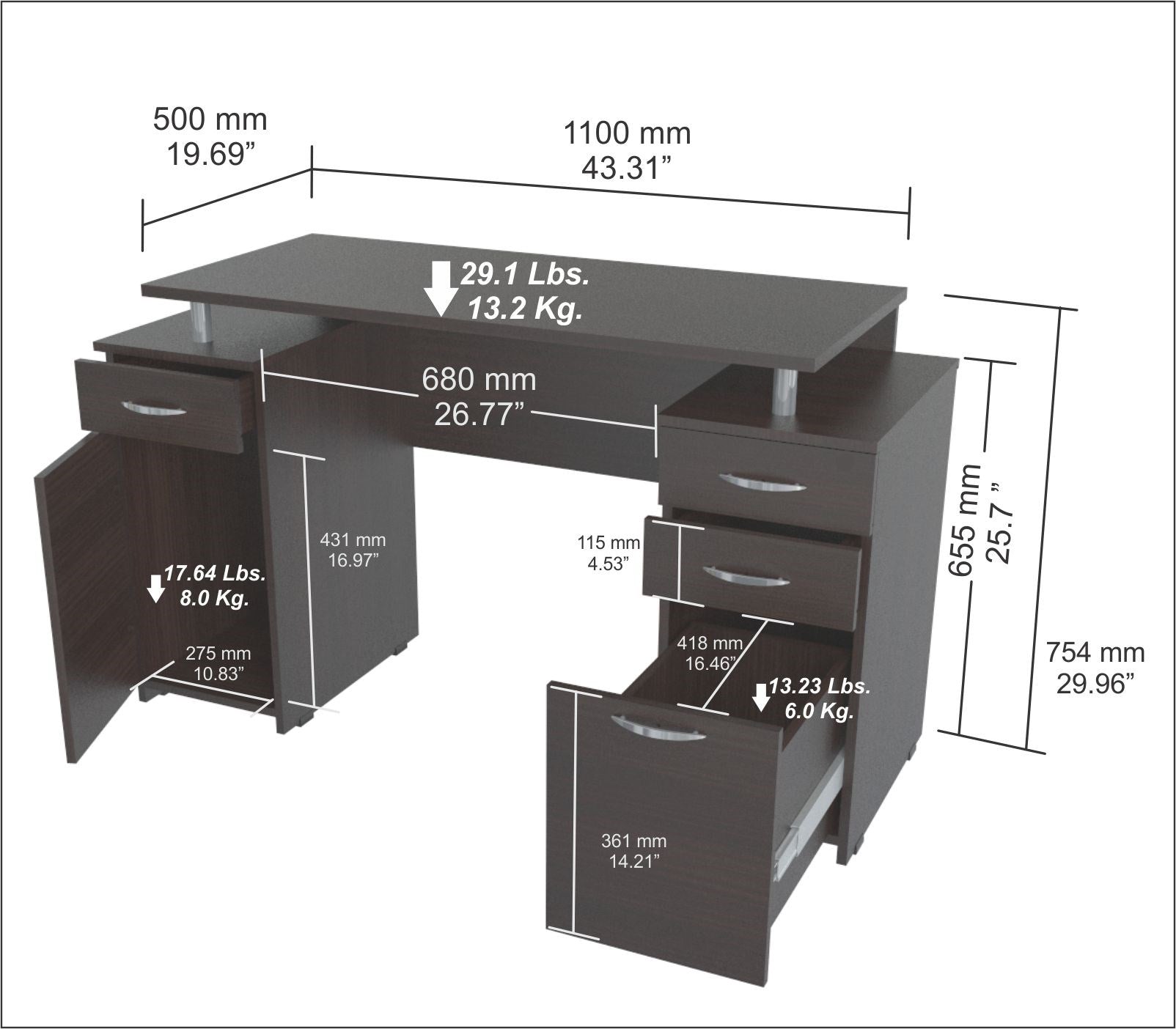 Espresso Finish Wood Computer Desk with Four Drawers By Homeroots | Desks | Modishstore - 5