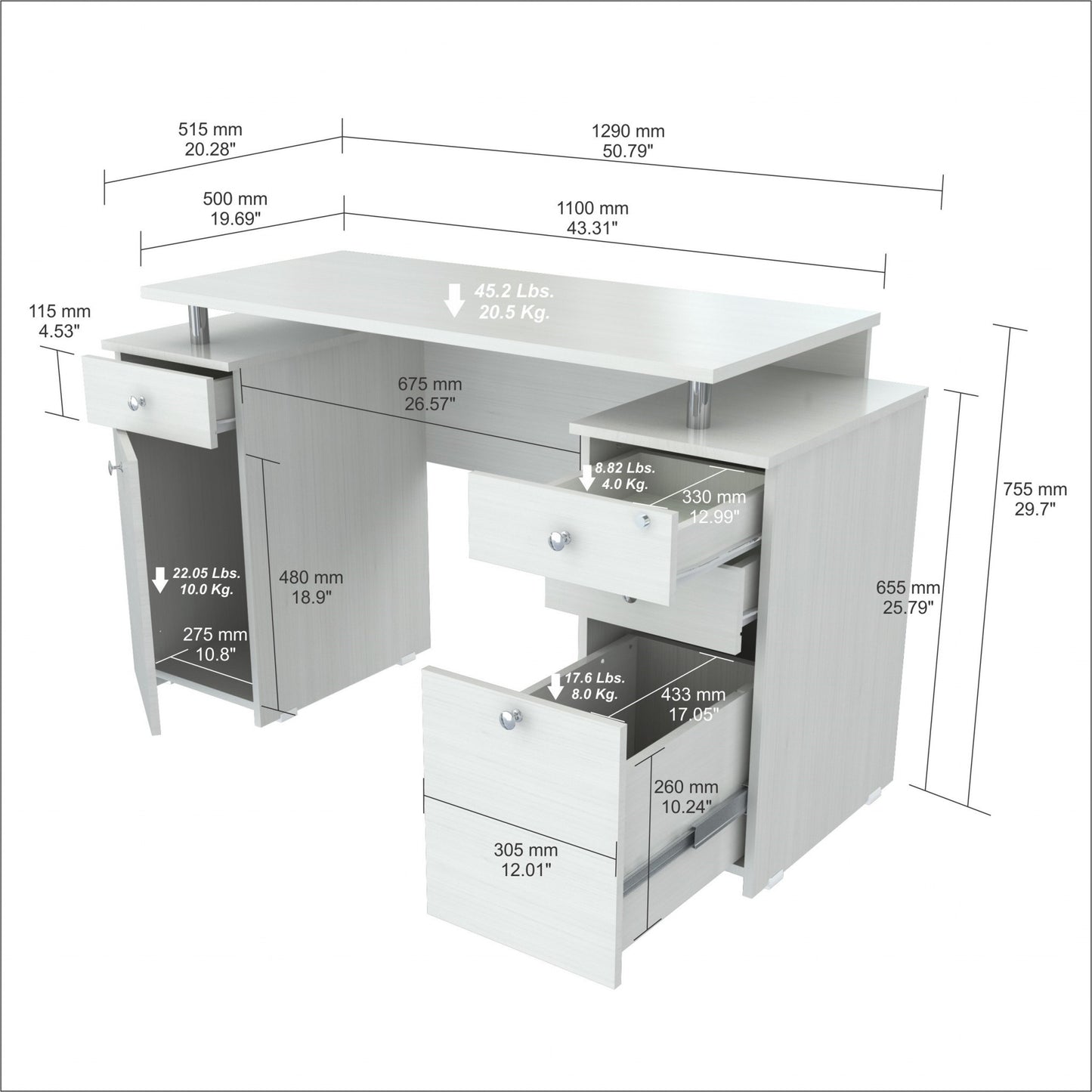 White Finish Wood Computer Desk with Four Drawers By Homeroots