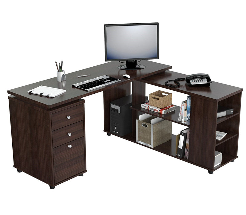 Espresso Finish 3 Drawer L Shape Computer Desk with Storage By Homeroots | Desks | Modishstore