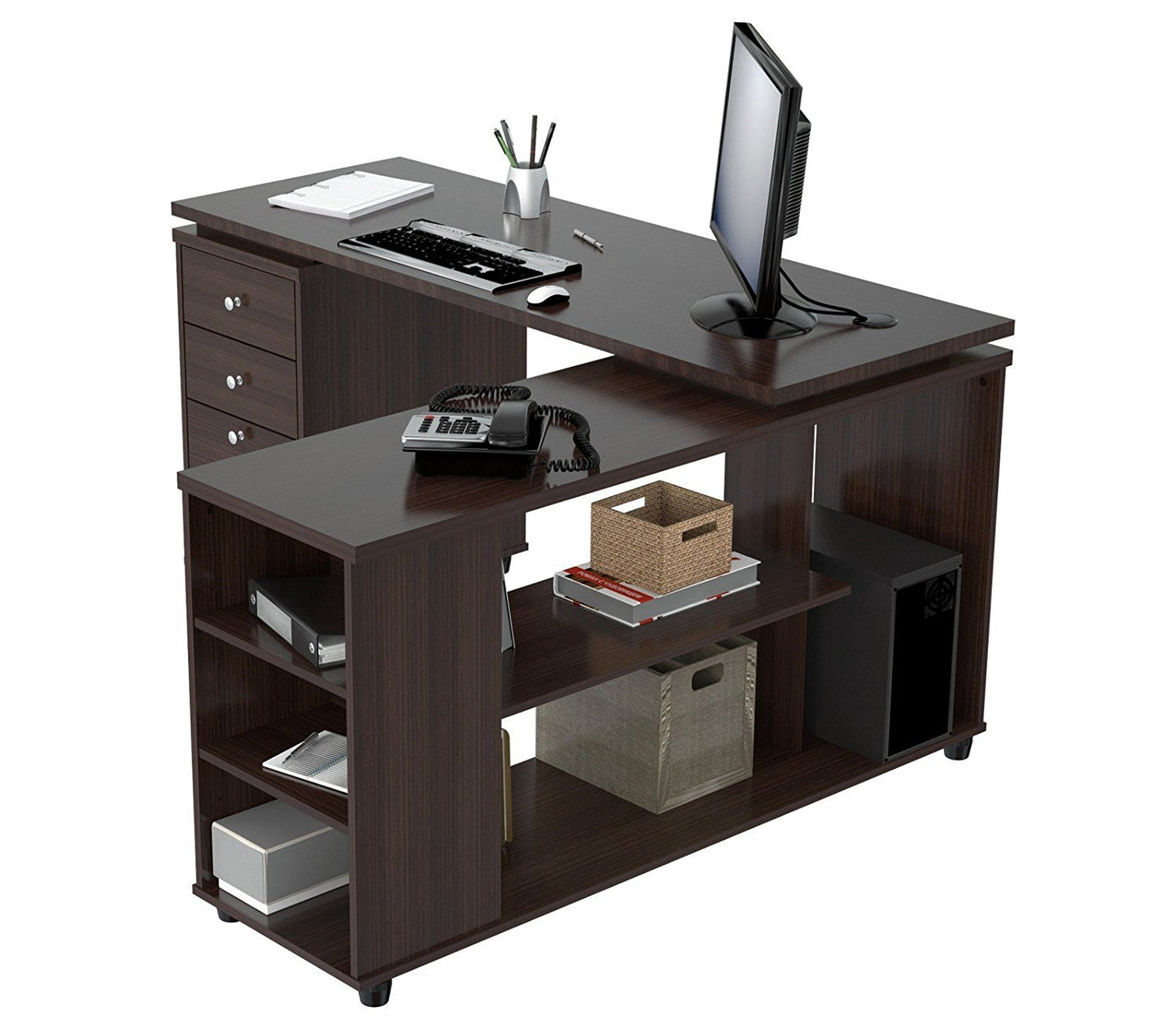 Espresso Finish 3 Drawer L Shape Computer Desk with Storage By Homeroots | Desks | Modishstore - 3