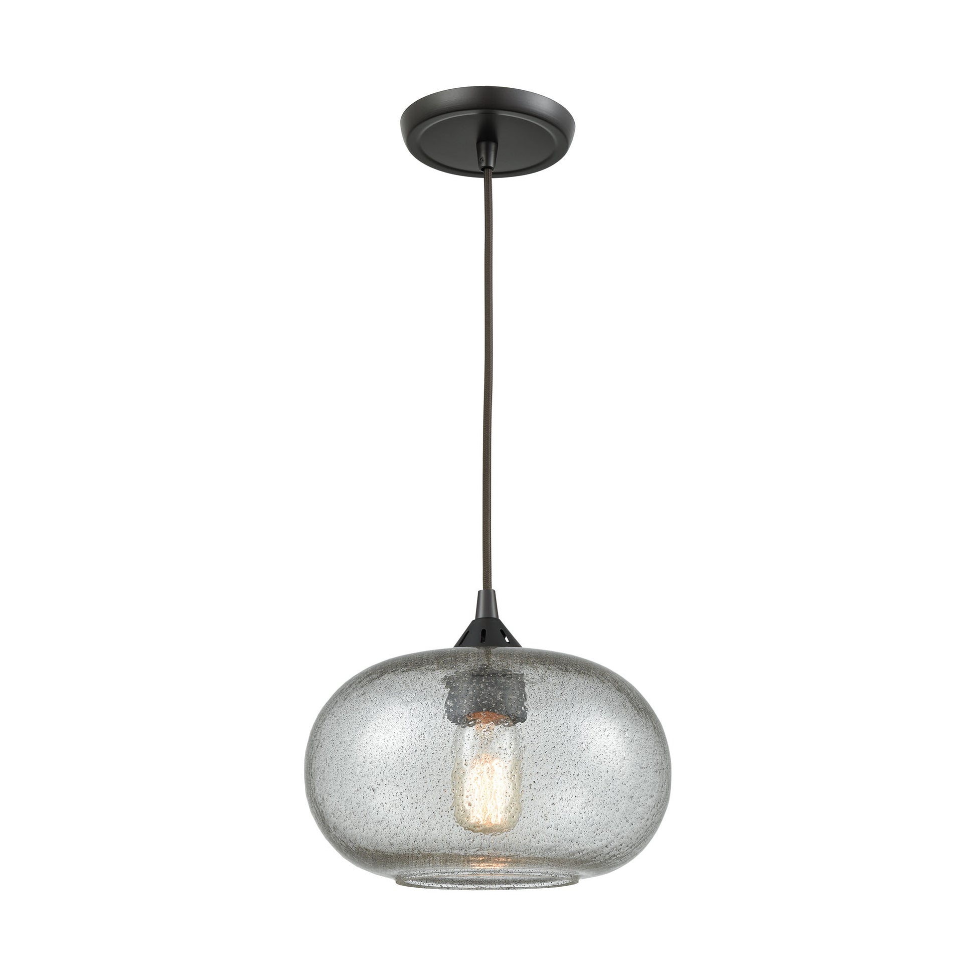 Volace 1-Light Mini Pendant in Oiled Bronze with Rotunde Gray Speckled Blown Glass ELK Lighting | Pendant Lamps | Modishstore