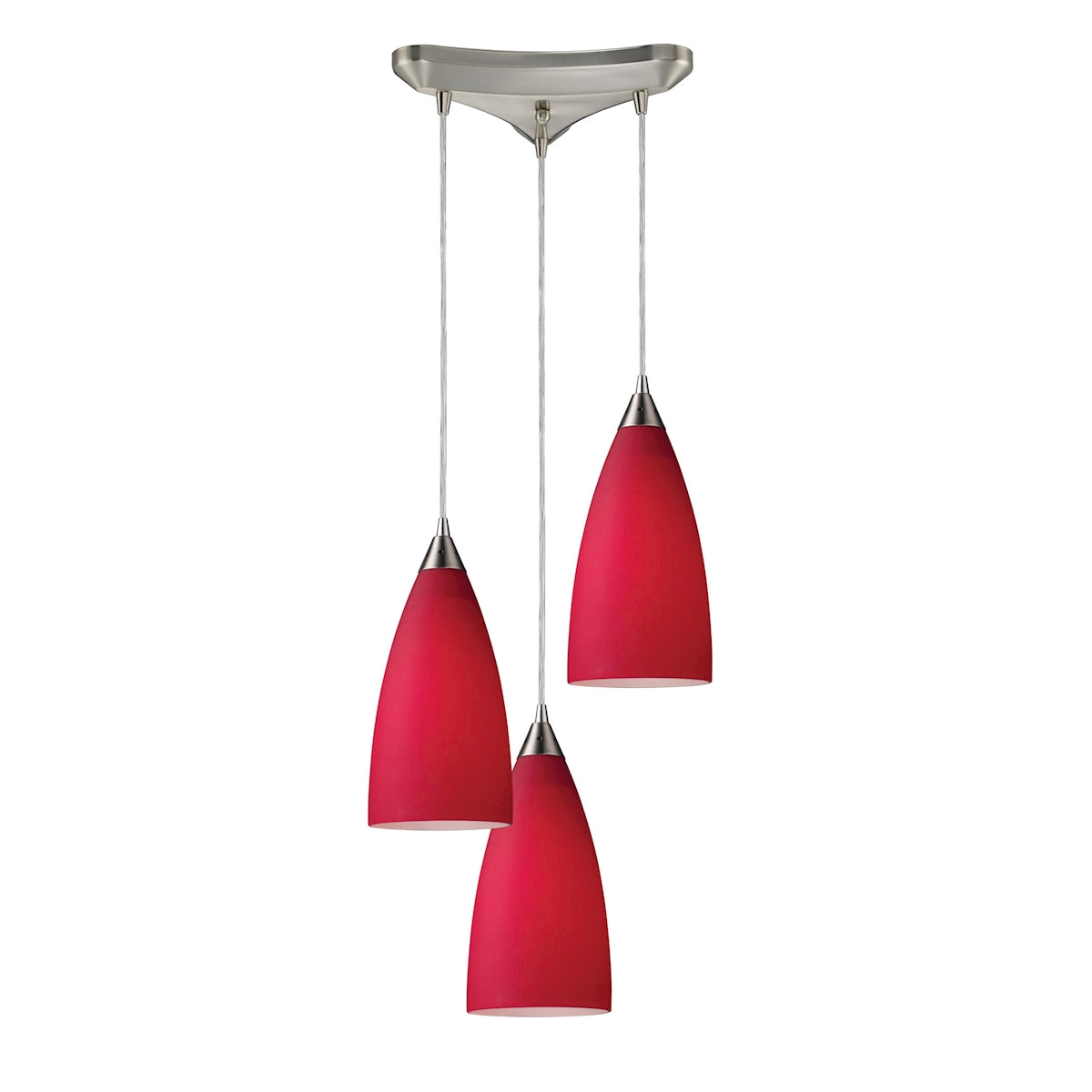 Vesta 3-Light Triangular Pendant Fixture in Satin Nickel with Cardinal Red Glass ELK Lighting | Pendant Lamps | Modishstore