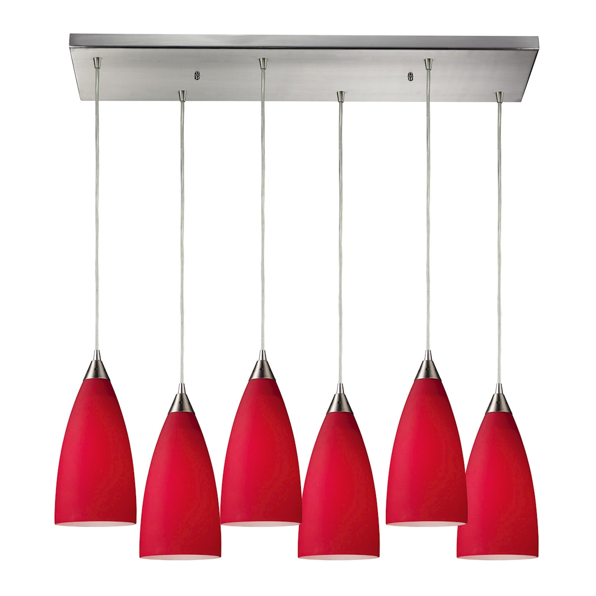 Vesta 6-Light Rectangular Pendant Fixture in Satin Nickel with Cardinal Red Glass ELK Lighting | Pendant Lamps | Modishstore