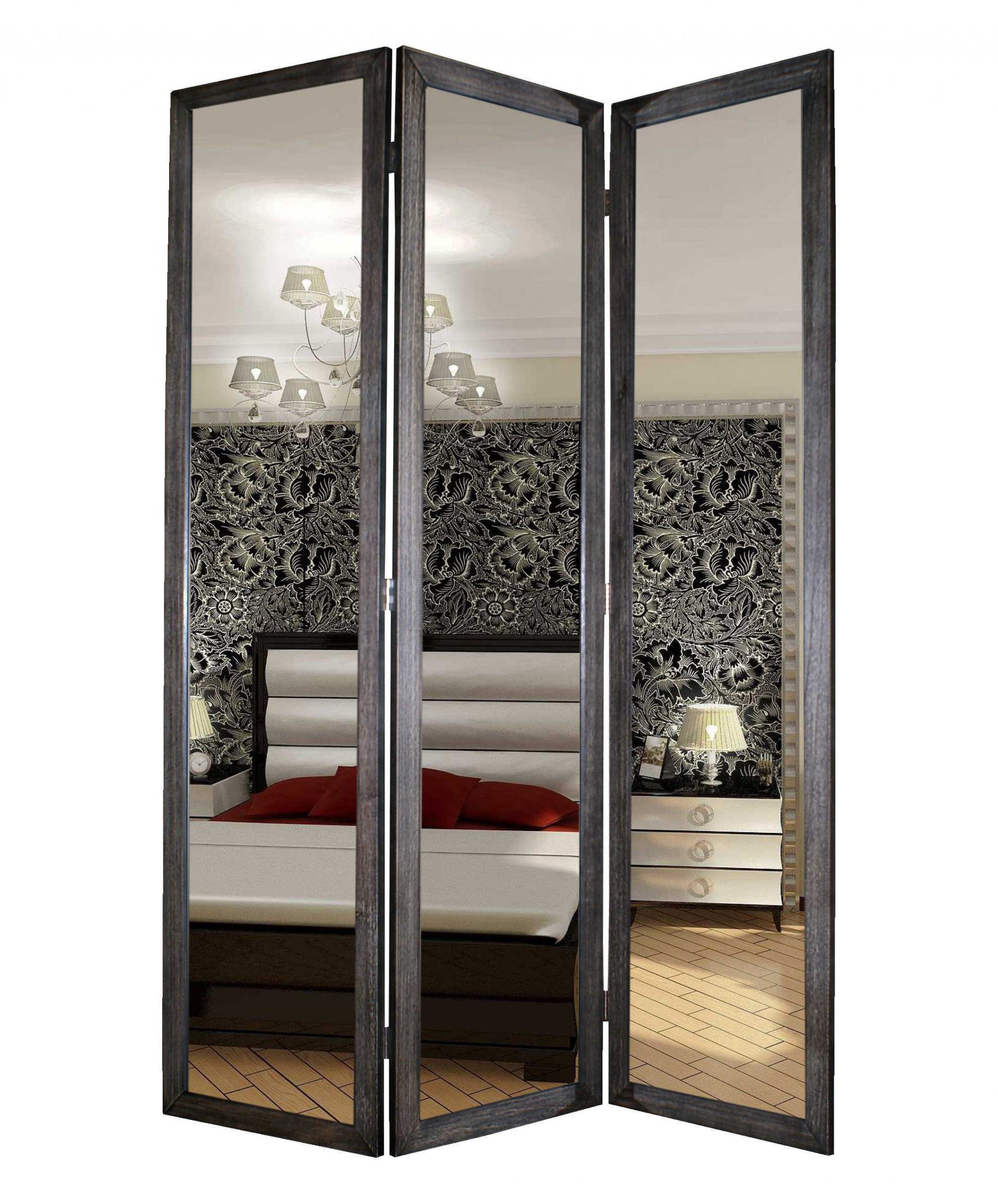 Black Glass & Wood Mirror Screen By Homeroots - 274676 | Room Dividers | Modishstore - 2