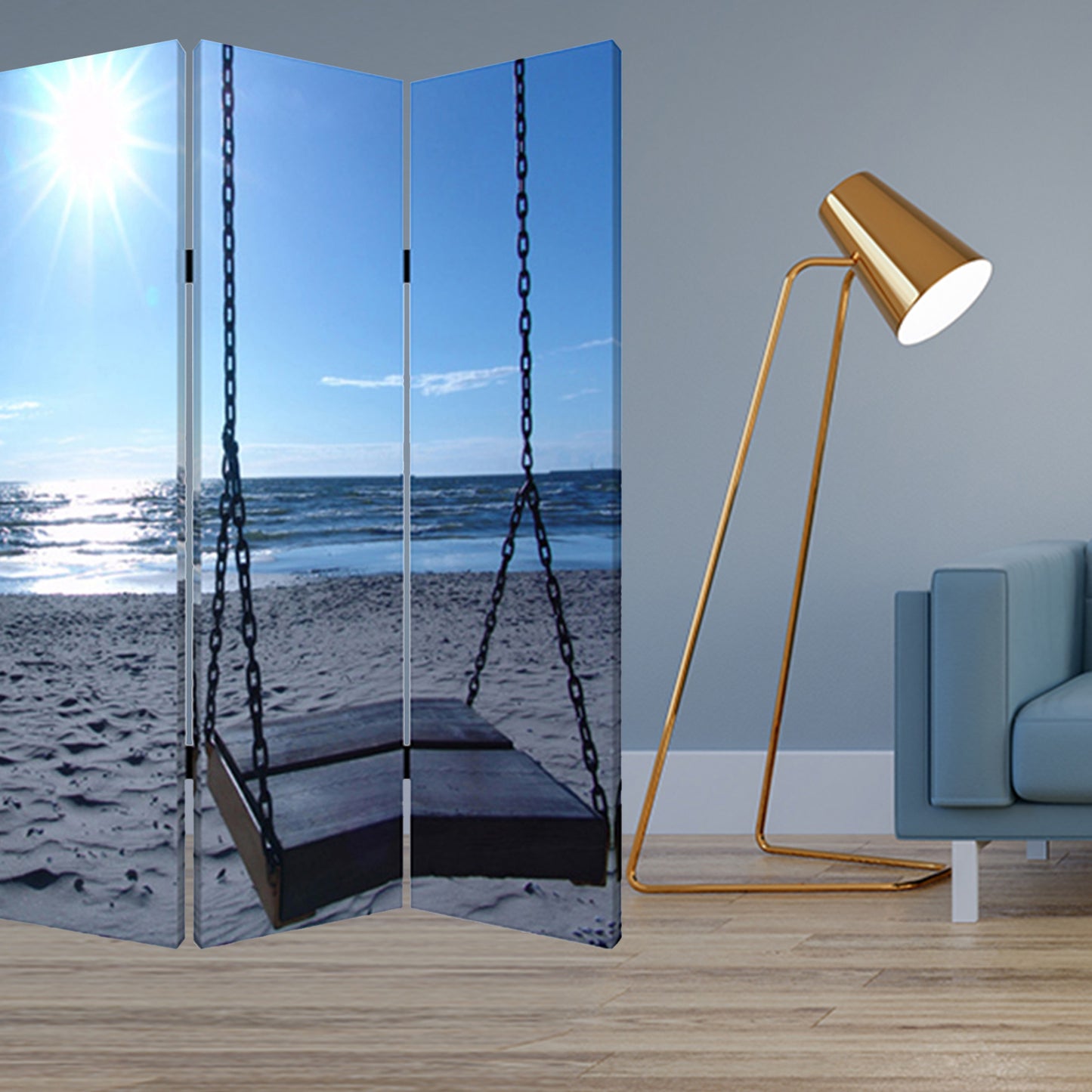 Multi Color Wood Canvas Seaside Serenity Screen By Homeroots | Room Dividers | Modishstore