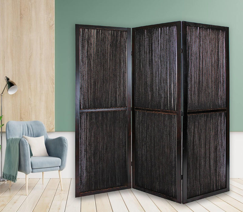 Dark Wood and Water Hyacinth 3 Panel Room Divider Screen By Homeroots | Room Dividers | Modishstore