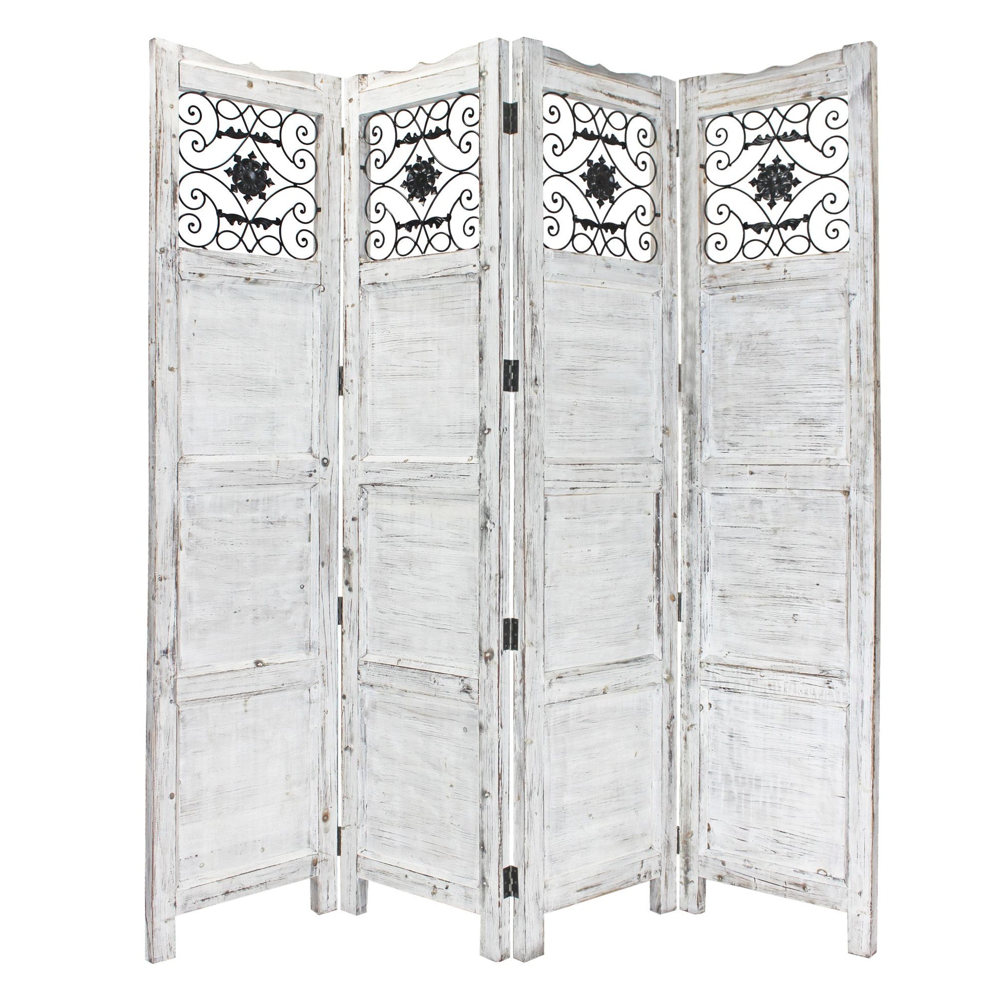 Gray Wash 4 Panel with Scroll Work Room Divider Screen By Homeroots | Room Dividers | Modishstore - 2