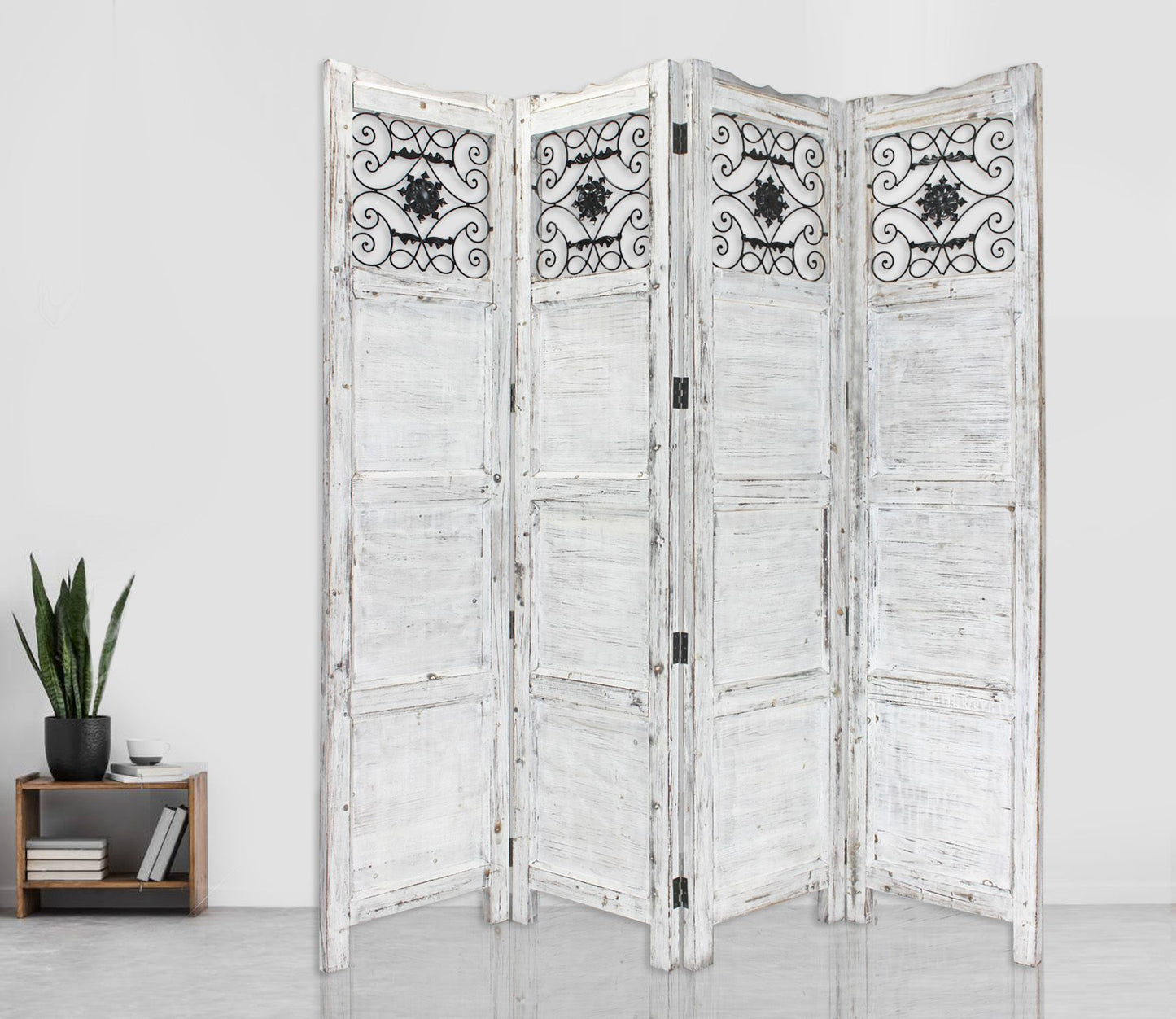 Gray Wash 4 Panel with Scroll Work Room Divider Screen By Homeroots | Room Dividers | Modishstore