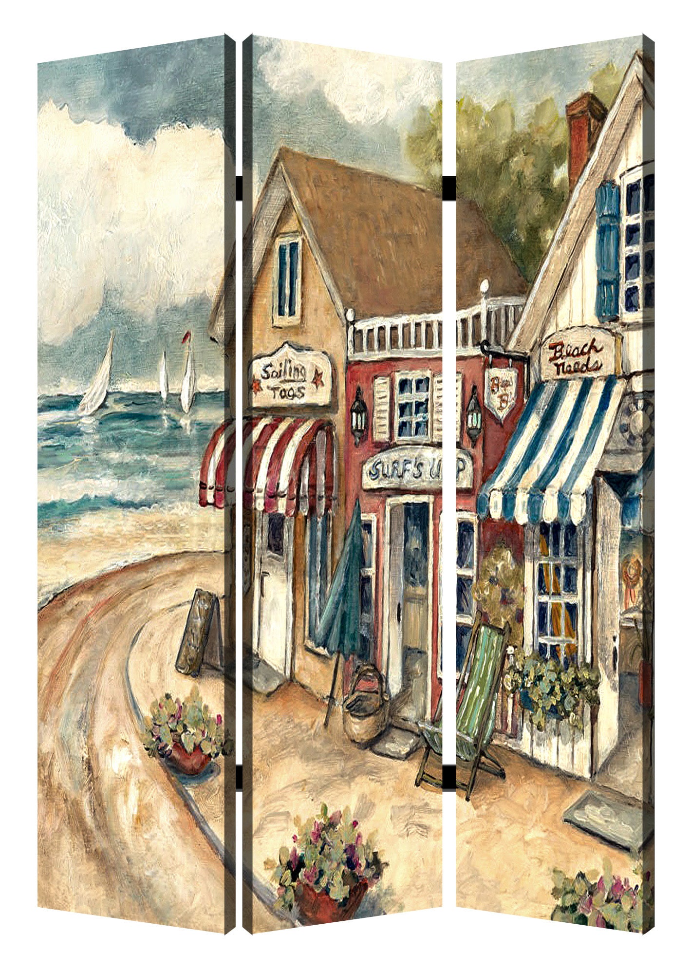 Multi Color Wood Canvas Seaside Town Slate Screen By Homeroots | Room Dividers | Modishstore - 2