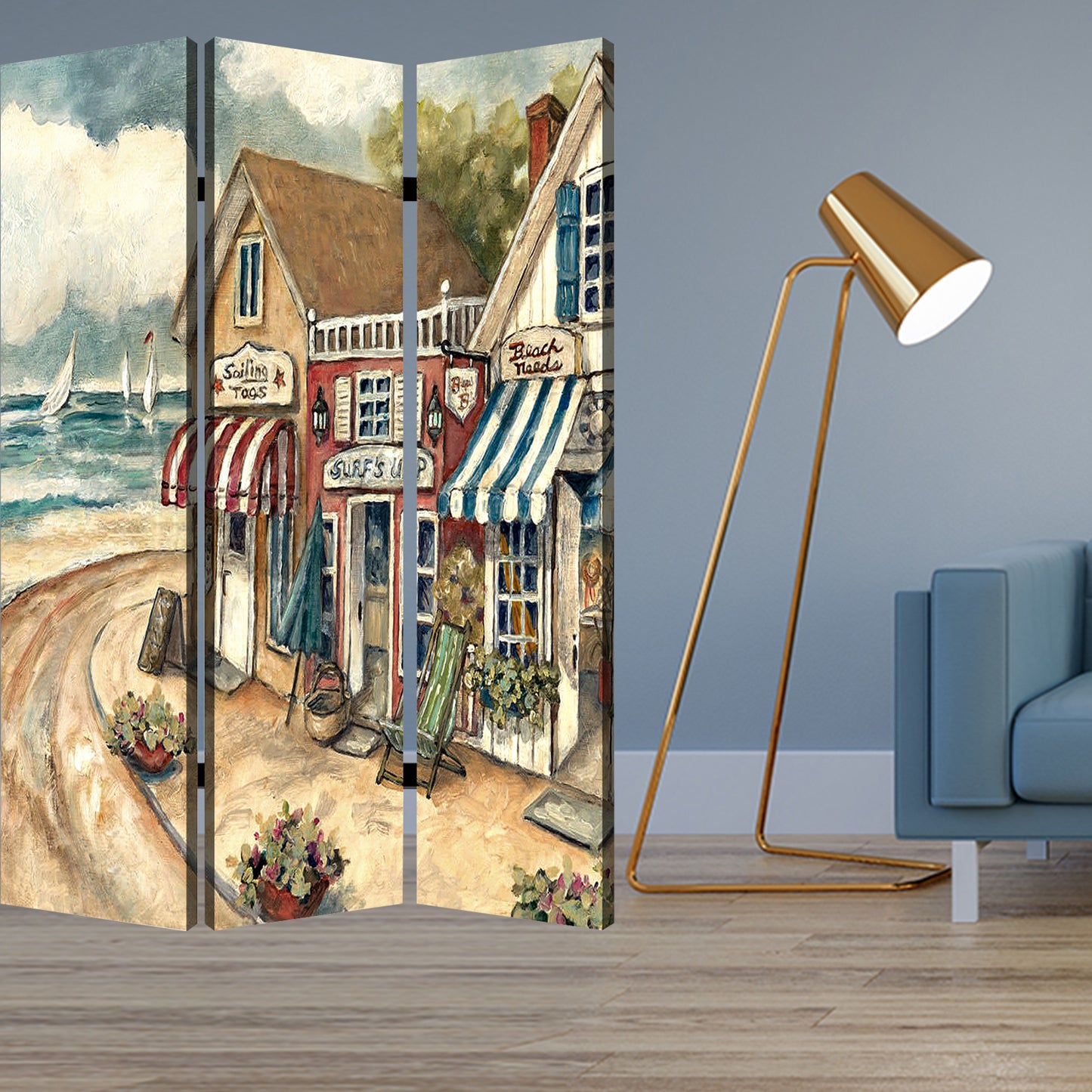 Multi Color Wood Canvas Seaside Town Slate Screen By Homeroots | Room Dividers | Modishstore