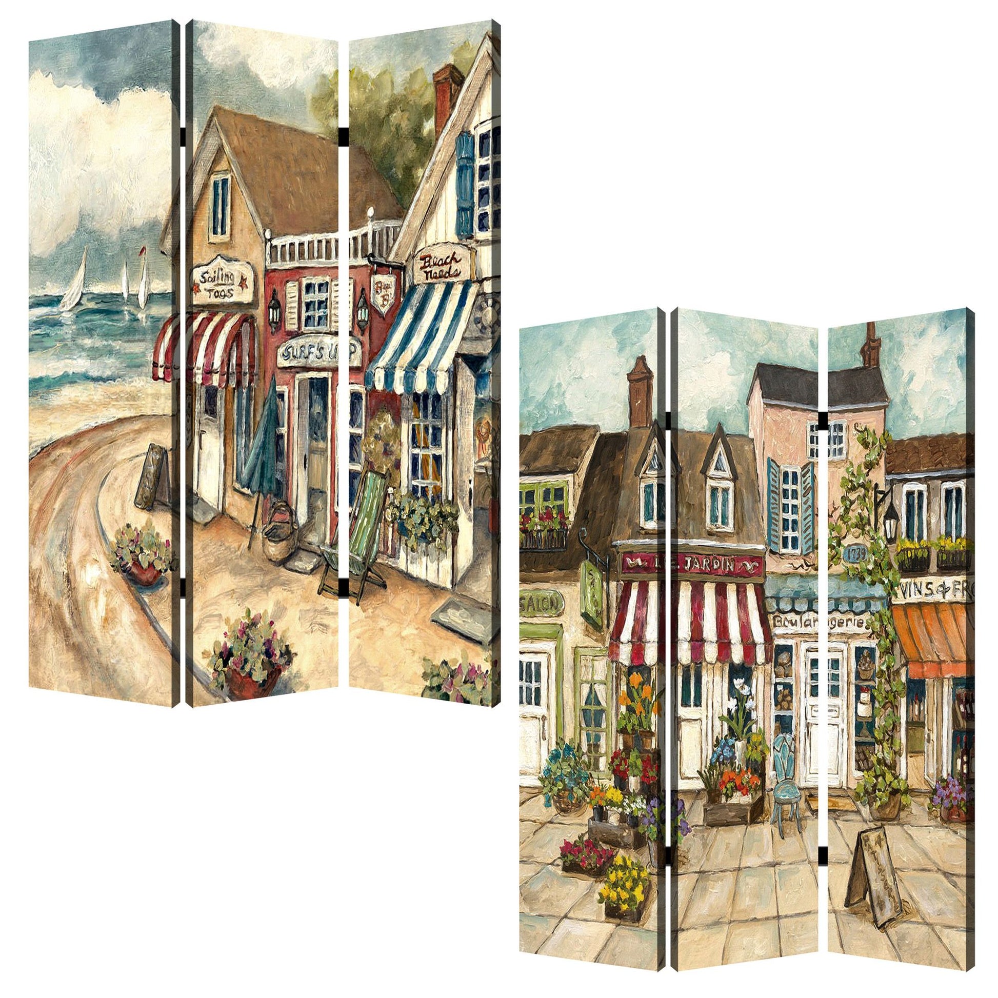 Multi Color Wood Canvas Seaside Town Slate Screen By Homeroots | Room Dividers | Modishstore - 3