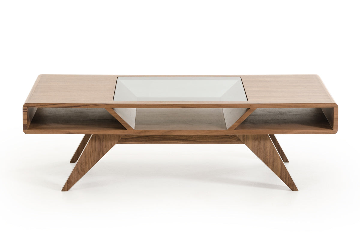 15' Walnut Wood Veneer and Glass Coffee Table By Homeroots | Coffee Tables | Modishstore - 2