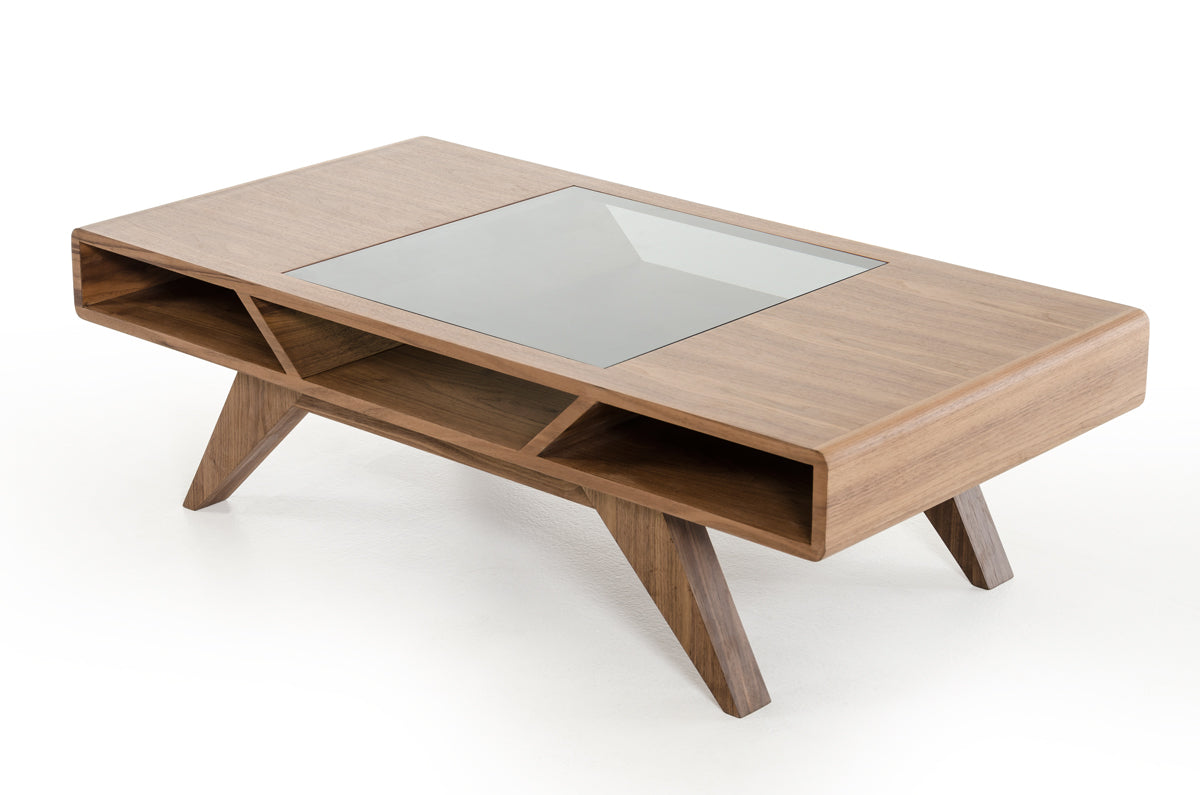 15' Walnut Wood Veneer and Glass Coffee Table By Homeroots | Coffee Tables | Modishstore - 3
